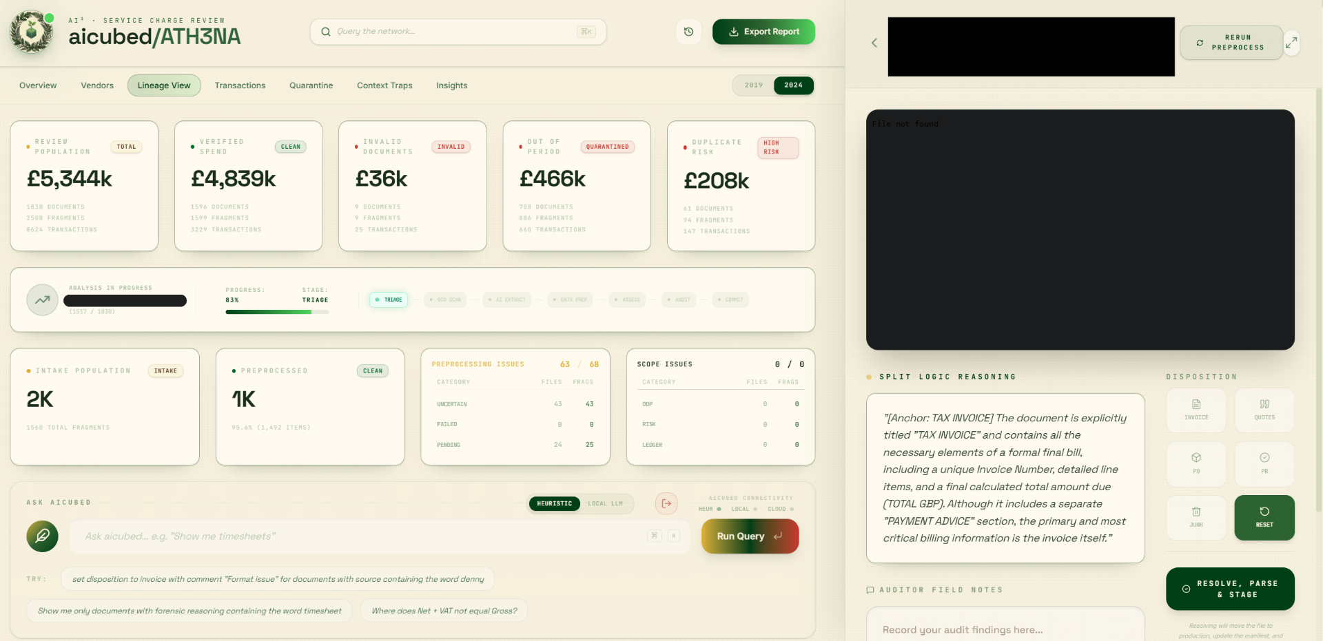 Ath3na forensic intelligence dashboard — lineage view of a service charge audit